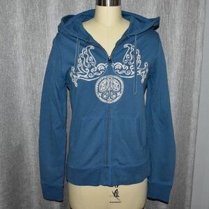 Rare Vintage Y2K Lucky Brand Blue Embroidered Birds Peace Sign Boho Zip Hoodie M
